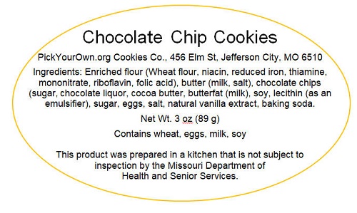 Misouri sample cottage food label