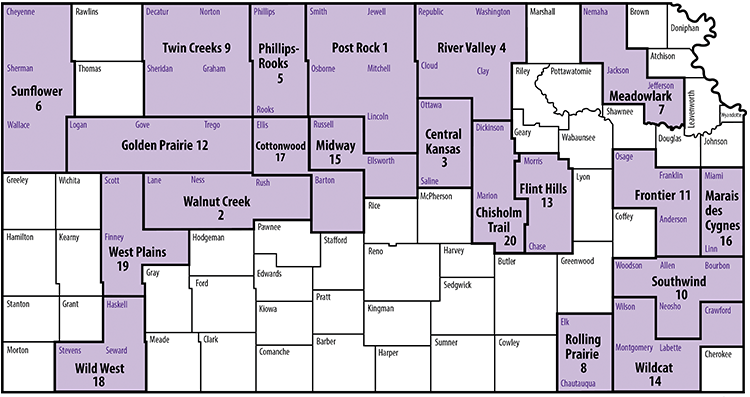 map showing Kansas counties and extension districts